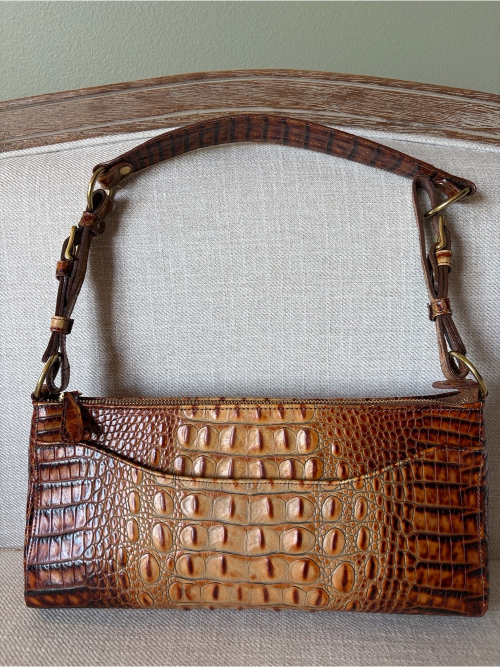 BRAHMIN Vintage Toasted Pecan Melbourne Croc Embossed Leather Shoulder Baguette
